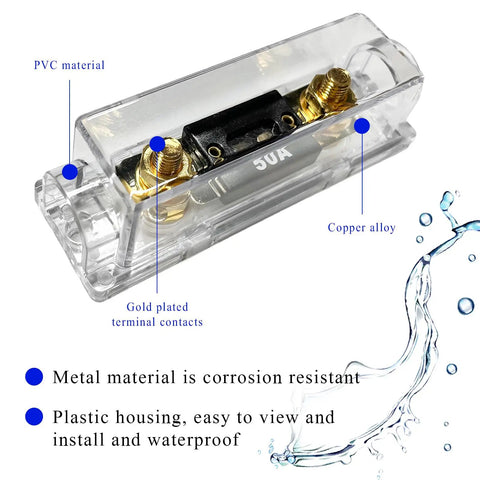 Heavy Duty ANL Fuse Holder With 50 Amp Inline Fuse Block For Car Audio Amplifier showing transparent plastic housing and gold-plated contacts.
