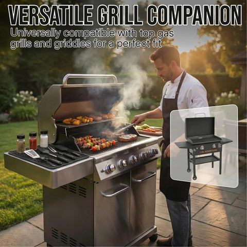 Man grilling with versatile silicone grill mat for side shelves and counters fits Blackstone Weber Traeger Pit Boss flat top grills and smokers