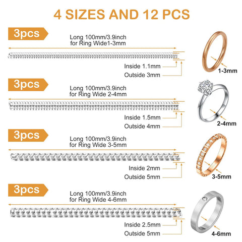 Clear Silicone Ring Guards Set For Loose Rings 12 Pack In Four Sizes Invisible Ring Resizer Tighteners for ring fit adjustment.