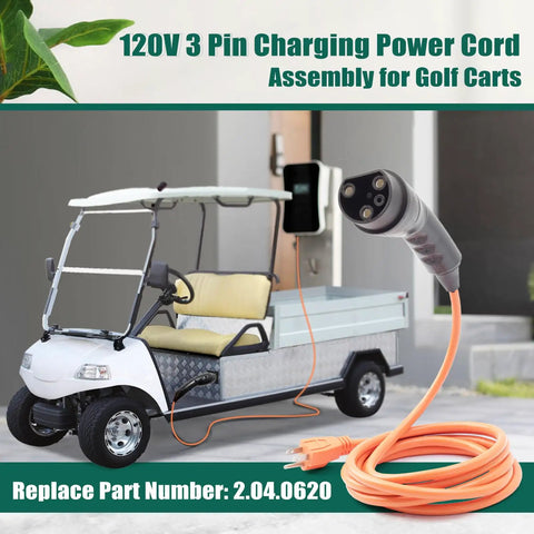 120V Three Pin Golf Cart Charging Power Cord Replacement Tailored Fit For Evolution Icon EV Fleet No Fuss Wall Setup Smooth Operator Charging cable with orange color and plug.