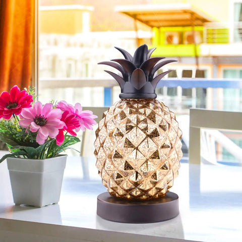 Mercury Glass Pineapple Table Lamp With Golden Finish Lit Diamond Pattern Glow Ideal For Bedroom Dresser Living Room Or Office Decor Bulb Included On Off Cord Switch Perfect Cozy Accent Lighting on table.