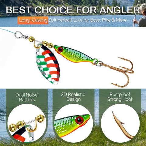 Beefed Up Spinner Baits Set For Freshwater And Saltwater 10 Rooster Tail Lures and Spinning Spoons shown with features listed.