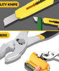 39 Piece Home Tool Set With Hammer Screwdrivers Pliers And Wrench In Compact Case showing utility knife and pliers in use