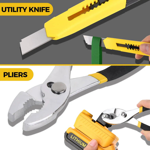 39 Piece Home Tool Set With Hammer Screwdrivers Pliers And Wrench In Compact Case showing utility knife and pliers in use