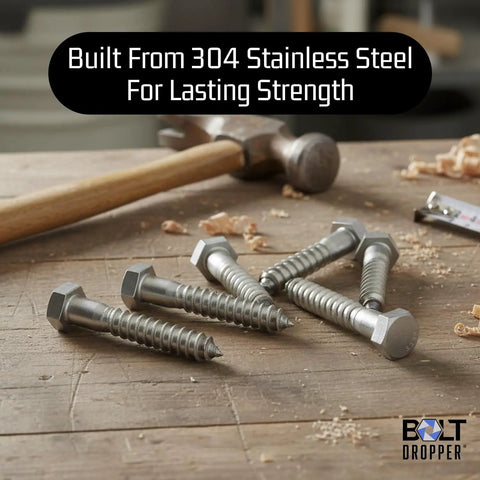 Beefy Stainless Lag Bolts For Wood Half Inch By Three Inch Hex Head Screws 304 Stainless Steel 18 8 Plain Finish, 10 Pack