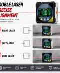 Heavy Duty Digital Angle Finder With Dual Laser And Strong Magnet That Gives Accurate Readings Without Any Guesswork For Woodworking And Diy Projects While You Top Off The Battery On Every Job showing dual laser modes.