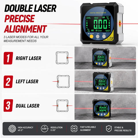 Heavy Duty Digital Angle Finder With Dual Laser And Strong Magnet That Gives Accurate Readings Without Any Guesswork For Woodworking And Diy Projects While You Top Off The Battery On Every Job showing dual laser modes.