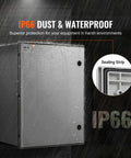 Rugged Fiberglass Electrical Enclosure Box For Outdoors With Mounting Plate IP66 Weatherproof Dustproof Junction Box Outdoor Electrical Cabinet 23.6x19.7x9.1 Inches Waterproof Utility Housing shown in rain with sealing strip detail.