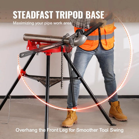 Tripod Pipe Stand With Chain Vise, Portable One Eighth To Six Inch Capacity, Foldable Steel Legs shown in use