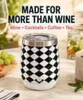 Premium Double Wall Insulated Stemless Wine Tumblers With Slider Lids 12 Oz Set on a table with coffee, ice drinks, and fruits.