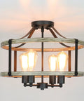 Farmhouse 4 Light Ceiling Fixture, 18-Inch Rustic Drum Cage Semi Flush Mount Light In Black And Wood Grain Finish