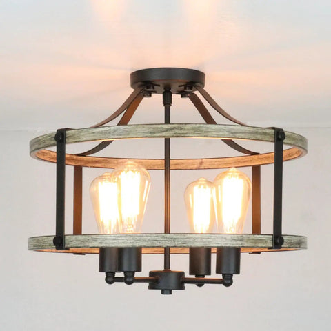 Farmhouse 4 Light Ceiling Fixture, 18-Inch Rustic Drum Cage Semi Flush Mount Light In Black And Wood Grain Finish