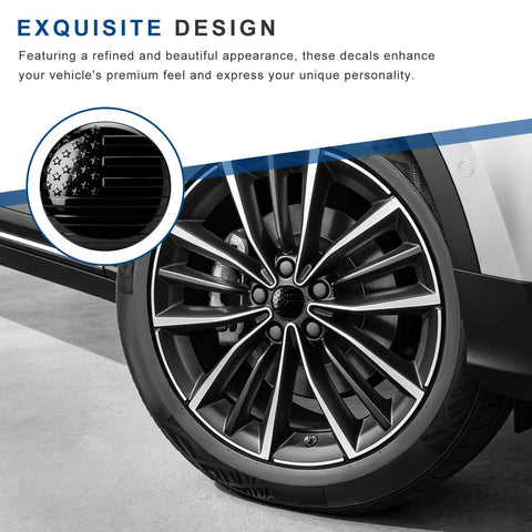 4 Piece Wheel Hub Center Cap Decals Sporting A Slick Usa Flag Graphic And Glossy Black Vinyl For Your Ride No Fuss Peel Stick Install on alloy wheel.