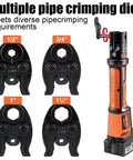 Badass Heavy Duty 18V Brushless Cordless Hydraulic Crimping Tool Kit With Swappable Dies shown with multiple pipe crimping dies.