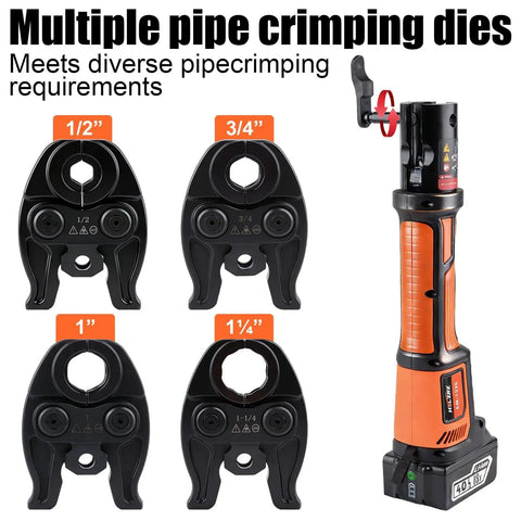 Badass Heavy Duty 18V Brushless Cordless Hydraulic Crimping Tool Kit With Swappable Dies shown with multiple pipe crimping dies.