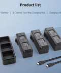 Three Pack Mavic 3 Replacement Battery Set With 3 Channel Fast Charger Hub For Mavic 3 Pro Cine Classic E And All 3 Series Drones 5000mAh 15.4V High Capacity Battery Kit With Plug And Play Convenience displayed on blue background.