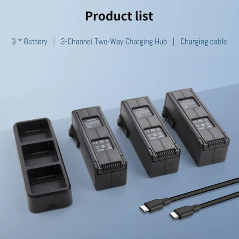 Three Pack Mavic 3 Replacement Battery Set With 3 Channel Fast Charger Hub For Mavic 3 Pro Cine Classic E And All 3 Series Drones 5000mAh 15.4V High Capacity Battery Kit With Plug And Play Convenience displayed on blue background.