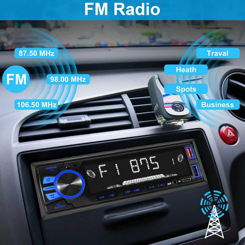Dashboard view of Bluetooth Car Stereo Single DIN With Hands Free Calling Push To Talk Button FM MP3 SD AUX Dual USB Ports
