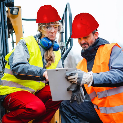 Workers wearing red hard hats from the 20 Pack Hard Hat Bulk With Adjustable 4 Point Abs Safety Helmets on a job site.