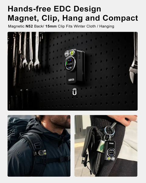 Pocket Ready Magnetic Clip On Flashlight With Built In Laser Distance Meter Delivering 650 Lumen White Light And 175 Lumen Red Light Type C Rechargeable Smart Display Emergency Work Light For Indoor Measurement clipped to backpack strap