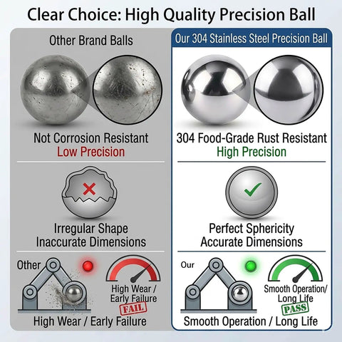 0.5kg Bulk 304 Stainless Steel Balls Heavy Duty Pro Grade Precision Bearing Spheres Ranging From 2mm To 5mm Rust Resistant Agitator Beads For Industrial And DIY Equipment And Projects. Comparison chart of 304 stainless steel balls showing high precision and rust resistance