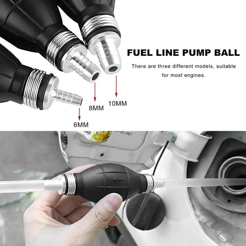 Top Shelf Manual Fuel Transfer Pump With Thick Rubber Bulb And Metal Body Shifts Gasoline Diesel And Oil One Way Vacuum Primer attached to a fuel line.