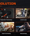 Solutions for engine issues with thermostat; Image showing temperature gauge, coolant leaks, overheating engine, and reduced noise benefits.