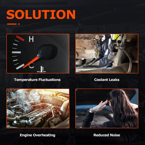 Solutions for engine issues with thermostat; Image showing temperature gauge, coolant leaks, overheating engine, and reduced noise benefits.