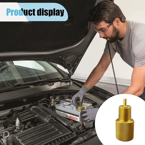 Man using Shop Grade Brake Proportioning Valve Bleeder Tool For Non Adjustable Combination Valves in car engine, gold aluminum tool.