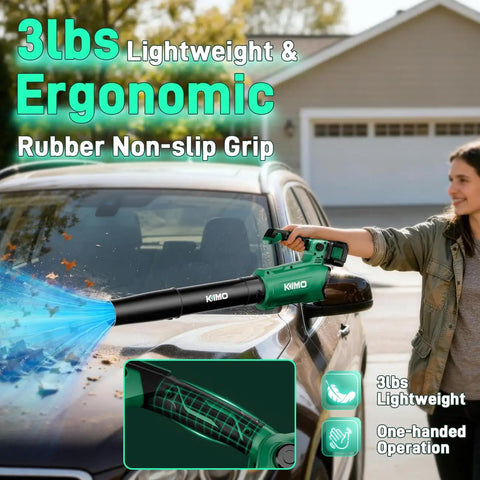 Person using Cordless Leaf Blower With Battery And Charger, 800 CFM At 300 MPH, to clear leaves from car with ergonomic grip