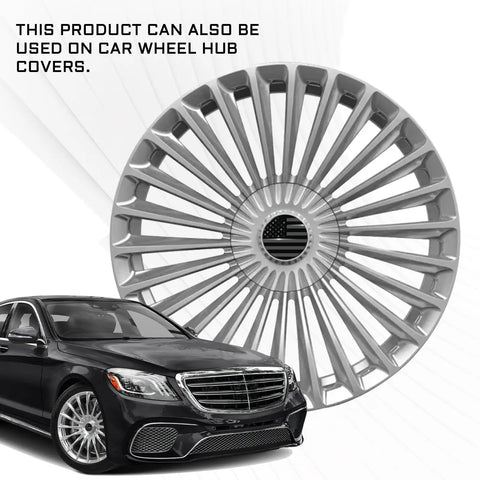 4 Piece 56 Mm Us Flag Wheel Center Caps 3D Black Metal Rim Hub Covers Precision Badge Stickers For Pickup Trucks Suv Rides And Street Performance Custom Wheels displayed with a car.