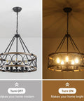 Modern Farmhouse 8 Light Black And Gold Chandelier With Adjustable Rod For Dining Room Pendant Light Fixture Dope For Bedroom Living Room Foyer And Kitchen, shown off and on