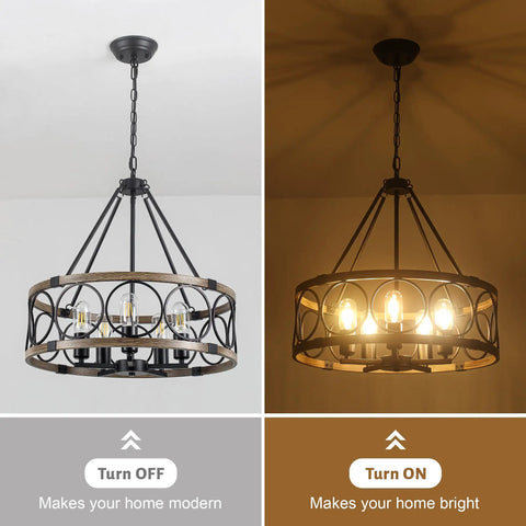 Modern Farmhouse 8 Light Black And Gold Chandelier With Adjustable Rod For Dining Room Pendant Light Fixture Dope For Bedroom Living Room Foyer And Kitchen, shown off and on