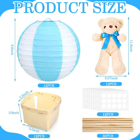 12 Set Baby Shower Hot Air Balloon Table Centerpieces Kit With DIY Paper Lanterns Plush Bears Wooden Baskets Wood Sticks And Adhesive Dots Party-Ready For Weddings Birthdays Gender Reveals Blue featuring product size dimensions including paper lantern, plush bear, wood basket, adhesive dots, and sticks.