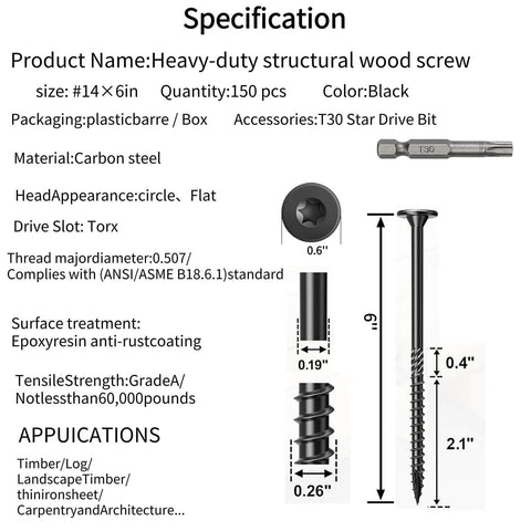 Self Tapping Structural Screws 14 By 6 Inch, 150 Pieces Carbon Steel Black Rustproof Deck Screws With T30 Star Drive Bit