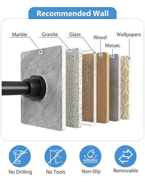 Adjustable No Drill Curtain Rod For Windows And Doors Black Spring Tension Curtain Rod Extends From 30 To 63 Inches Easy Install holds on marble granite glass wood wallpaper