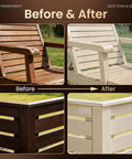 Before and after images of patio furniture treated with Hella Tough Heavy Duty Outdoor Wood Stain And Sealer Combo.