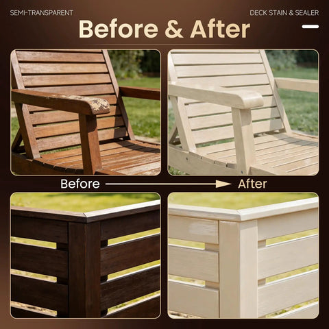 Before and after images of patio furniture treated with Hella Tough Heavy Duty Outdoor Wood Stain And Sealer Combo.