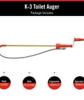 Heavy Duty Toilet Auger With Bulb Head Snake And Pro Clog Remover For Modern Low Flow Toilets Smooth Operator Drain Tool.