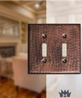 Hand Hammered Copper 2 Gang Light Switch Cover Plate Made To Last With A Rich Patina Over Time shown in a living room setting