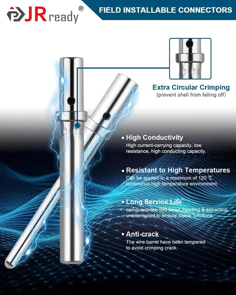 Field installable connectors with high conductivity and anti-crack features, showing extra circular crimping design.