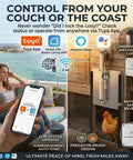 Woman using Tuya app on phone to control Smart WiFi Automatic Chicken Coop Door With App Control, Alexa And Google Home Compatible, Sunrise Sunset Automation, Anti Pinch Sensor, Aluminum Security Door Kit, 2.4G WiFi