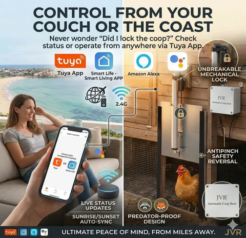 Woman using Tuya app on phone to control Smart WiFi Automatic Chicken Coop Door With App Control, Alexa And Google Home Compatible, Sunrise Sunset Automation, Anti Pinch Sensor, Aluminum Security Door Kit, 2.4G WiFi