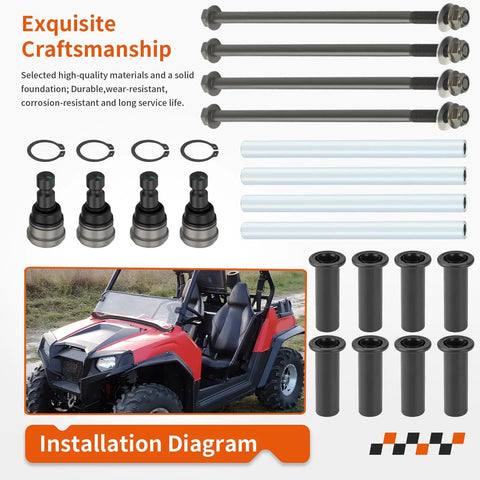 Front Upper A Arm Pivot Bushing Ball Joint Kit For RZR 570 And 800 Series Off Road UTV Upgrade With Beefed Up Joints For Smoother Steering And Long Lasting Durability Fits 2012 2022 RZR 570 And 2008 2014 RZR 800 Models. Set with shafts, bushings, joints