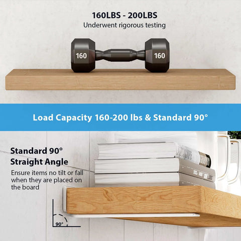 Wood shelf supported by Six Inch Floating Shelf Brackets White 90 Degree Hidden L Shaped Heavy Duty Iron Hardware for 160 lbs load