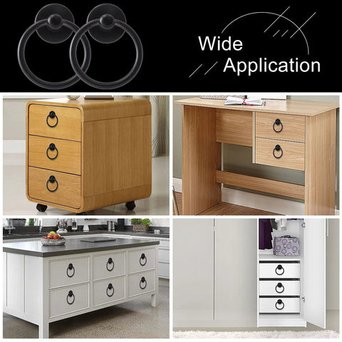 12 Pack Ring Drawer Pull Handles For Cabinets And Drawers, Zinc Alloy Dresser Knobs In Black Finish, 1.8 Inch Outer Diameter