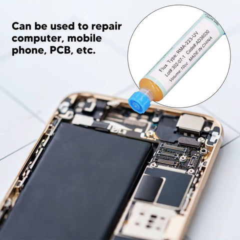 Open mobile phone next to Precise Syringe Type Flux for PCB Soldering RMA 223 Easy Tinning Paste, emphasizing repair capability