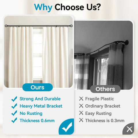 Comparison of Super Strong Heavy Duty Black Curtain Rods For Windows Adjustable From 28 To 48 Inches 5/8 Inch Diameter Premium Metal Drapery Rod With Brackets Perfect For Hanging Thick Heavy Curtains Matte Finish Timeless Stylish Look versus lower quality rods.