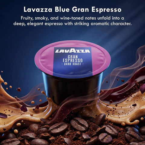 Lavazza Gran Espresso dark roast coffee capsule with fruity and smoky notes, surrounded by coffee beans and swirling coffee.