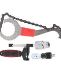 All In One 3-In-1 Bike Repair Tool Set With Chain Wrench Puller Bottom Bracket Tool And Chain Cutter For Mountain And Road Bikes, Heavy Duty Steel Maintenance Kit For Quick On The Go Fixes showing chain wrench and tools